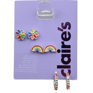 Claires Earrings Set of 3 Flowers Rainbows Hoops Colorful New Pierced